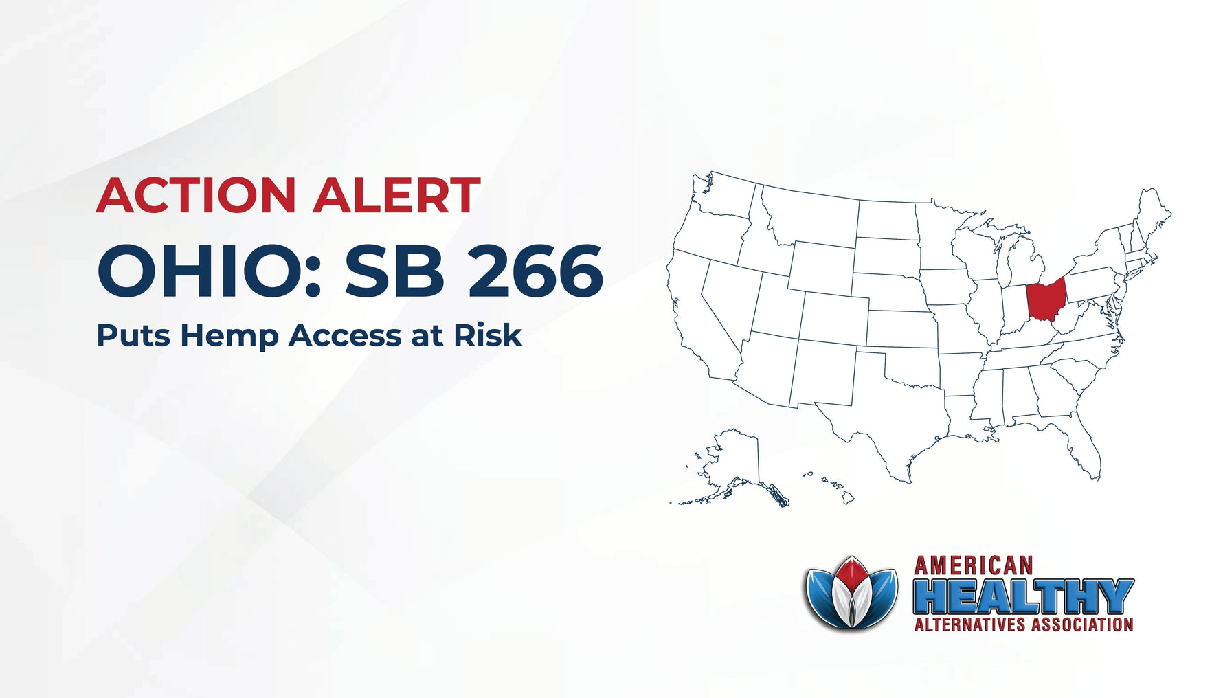 Action Alert Ohio SB 266 Puts Hemp Access at Risk with US map and American Healthy Alternatives Association AHAA Logo
